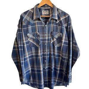 Vintage Western Pearlsnap Shirt 3XL Blue Plaid Lightweight Long Sleeve Rodeo EUC